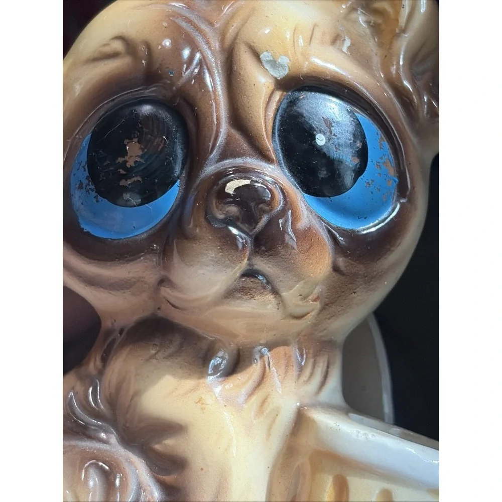Vtg Big Eye Pity Puppy Dog Letter Holder Desk Acc. Made in Japan Ceramic 1960s